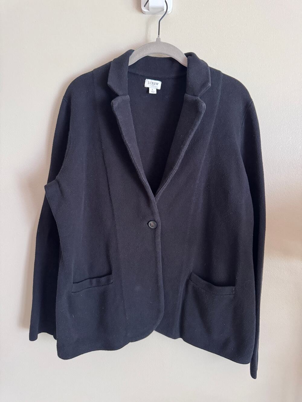 J.Crew Sweater Blazer Women L Black Cotton One Button Schoolboy Cardigan Jacket